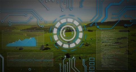 Futuristic HUD Interface with Digital Panels atop Scenic Hillside