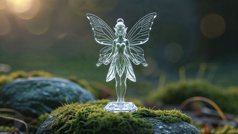 Transparent glass fairy figurine in sunlit mossy natural model