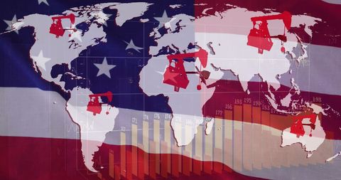 Global Oil Extraction Business Overlaid on USA Flag and World Map