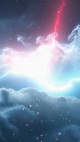 Vertical celestial cloudscape charging with red and blue lightning and glowing particle sparks