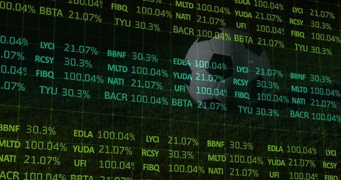 Digital interface of stock market metrics over soccer ball