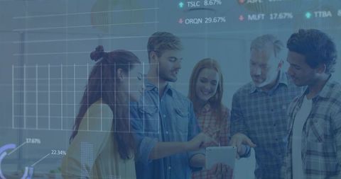Multigenerational team collaborating around tablet using analytics dashboards for strategy