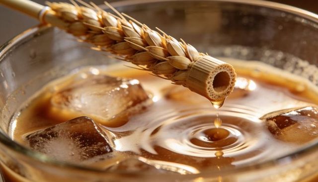 Macro close-up dried wheat straw dripping coffee drop creating ripple rings on iced latte