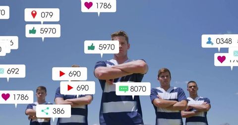 Captain leading teammates generating social media bubbles highlighting athletic unity