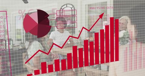 Five women discussing data with red charts and infographics overlay in modern meeting