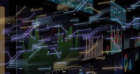 Futuristic digital data display with charts and neon effects