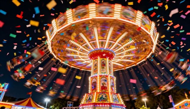 Spinning illuminated swing carousel showering multicolor confetti at night carnival
