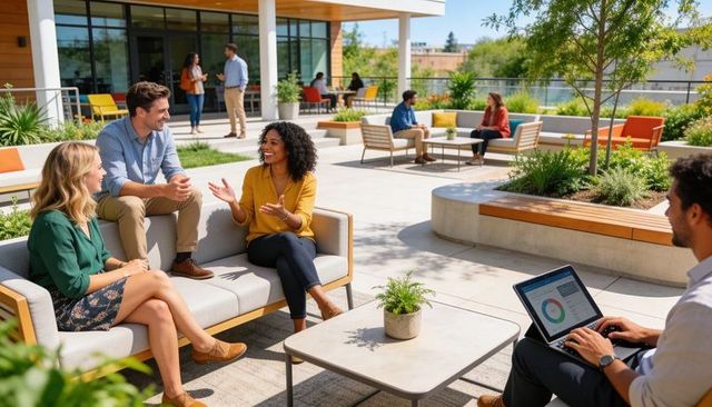 Diverse team collaborating outdoors on modern office patio during casual business meeting