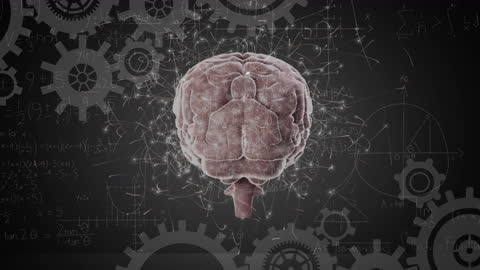 Brain with Gears and Mathematical Formulas on Black Background