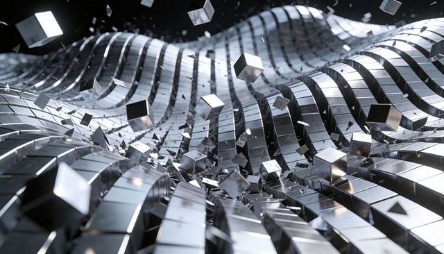 Undulating chrome tiles with floating cubes and shattering fragments for futuristic design