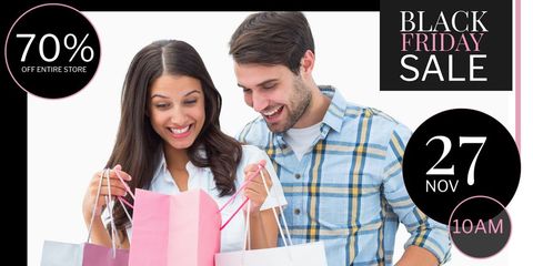 Excited Couple Shopping Black Friday Promotions Discounts Joy