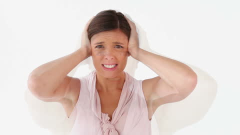 Upset Woman Experiencing Intense Headache with Double Image Effect