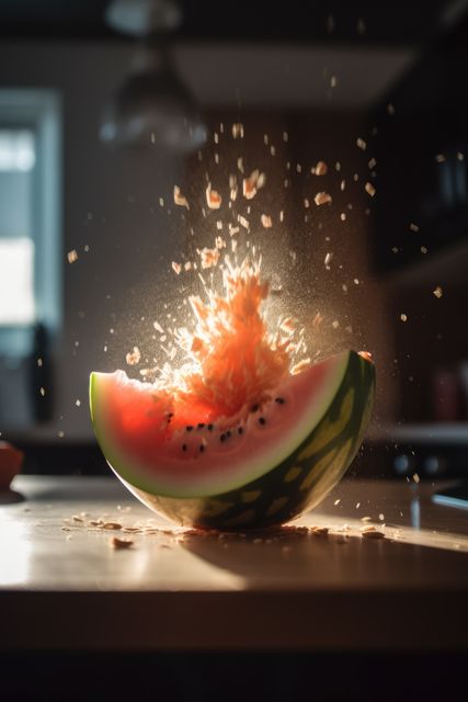 Watermelon is captured mid-explosion with seeds and fragments bursting out in a high-speed, dynamic scene. Divided segments are seen on a kitchen table with dramatic lighting highlighting the action. Perfect for concepts involving food experimentation, motion, celebration, or chaos. Ideal for use in advertising, food blogs, dramatic presentations, creative projects, and educational materials showing high-speed photography.