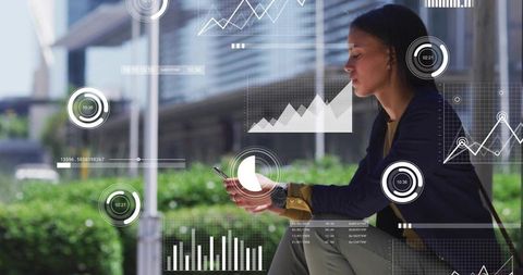 Businesswoman Analyzing Data with Digital Overlays in Urban Environment