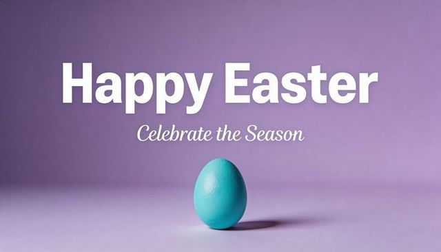Teal easter egg on lavender background with happy easter headline and minimalist design