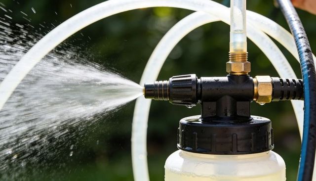 Handheld pressure sprayer releasing fine fan mist through brass nozzle close-up