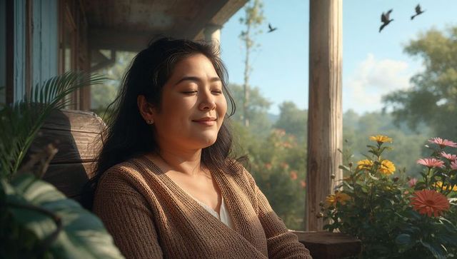 Asian woman relaxing on sunlit porch among flower planters, enjoying peaceful garden moment