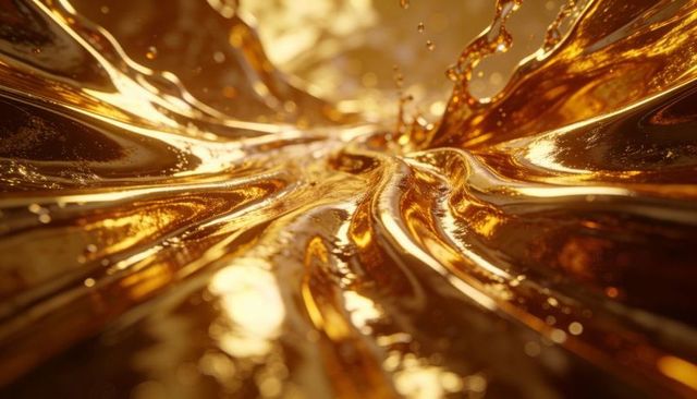 Flowing liquid gold macro abstract glossy amber metallic waves splashing with droplets