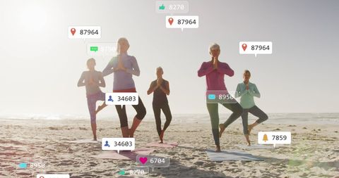 Diverse Women Doing Yoga on Beach with Social Media Data Overlay