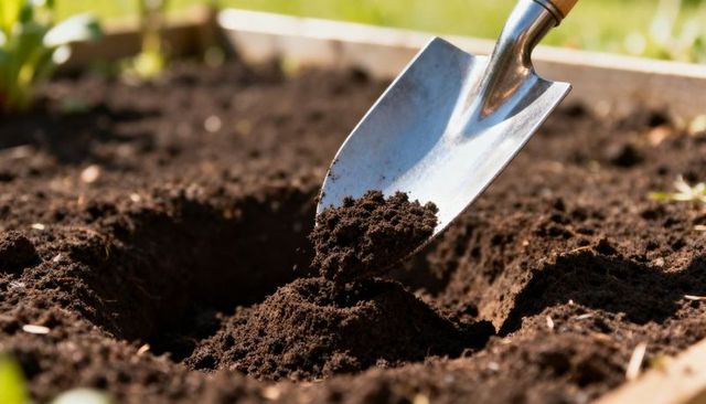 Metal trowel scooping rich potting soil into raised garden bed for planting