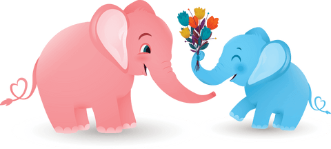 Transparent Illustration of Pink and Blue Elephants with Flowers