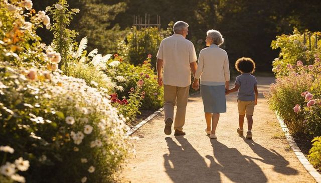 Golden-hour grandparents walking with grandchild on sunlit floral garden path