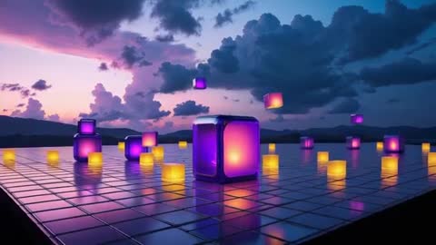 Futuristic Glowing Cubes at Sunset against a Reflective Surface