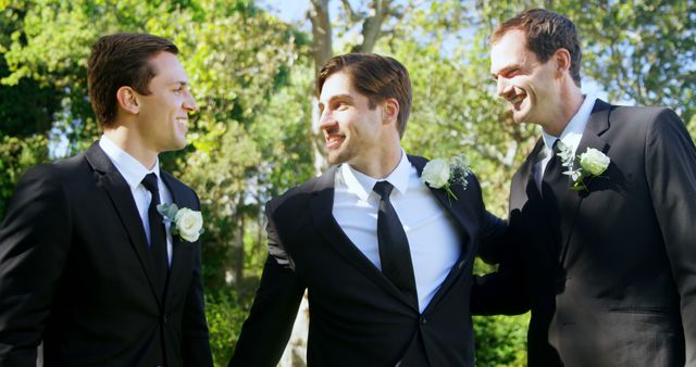 Groomsmen Smiling and Celebrating Wedding in Garden - Download Free Stock Images Pikwizard.com