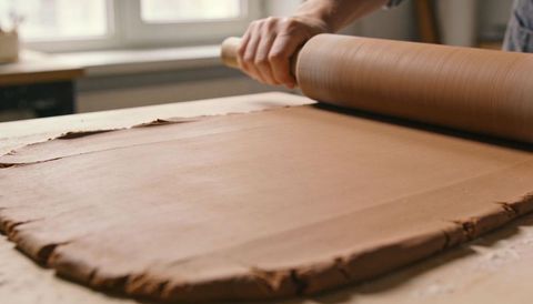 Artisan baker rolling chocolate dough with wooden rolling pin on workbench