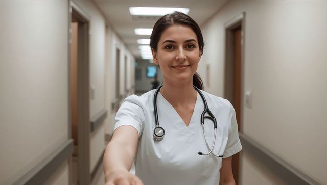 Female nurse extending hand in hospital corridor wearing white scrubs and stethoscope