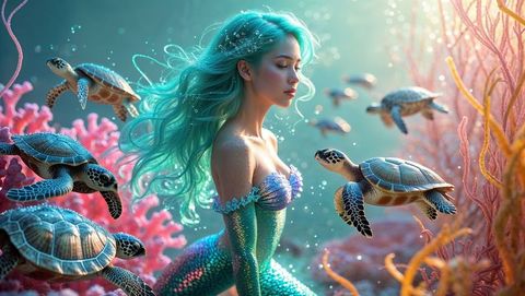 Mystical mermaid gliding with sea turtles in vibrant coral reef