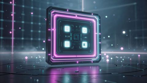 Futuristic neon electronic block in digital simulation chamber