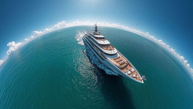 Cruising megayacht with teak decks leaving wake across turquoise ocean - aerial fisheye