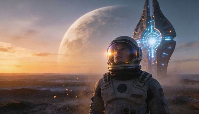Astronaut Standing on Alien Plain at Dusk Facing Glowing Monolith and Distant Moon