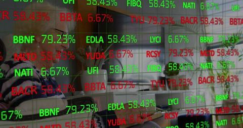 Financial data overlay on senior woman reading at home