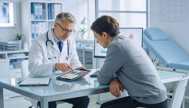Senior doctor explaining tablet test results to male patient in bright modern clinic