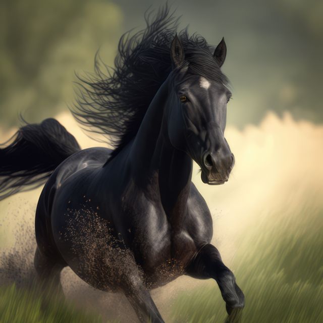 A powerful black horse is seen running through a sunlit field, with its mane flowing beautifully in the wind. This can be used to represent strength, freedom, nature, and movement. Ideal for use in equestrian themes, outdoor adventure promotions, wildlife conservation materials, and inspirational imagery in prints or digital publications.