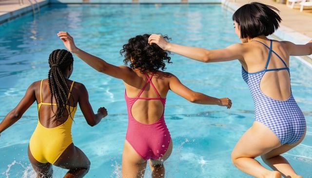 Teen girls jumping into pool wearing colorful one-piece swimsuits on sunny day
