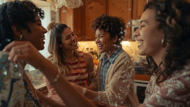 Laughing friends examining patterned fabric and crafting together in cozy home kitchen