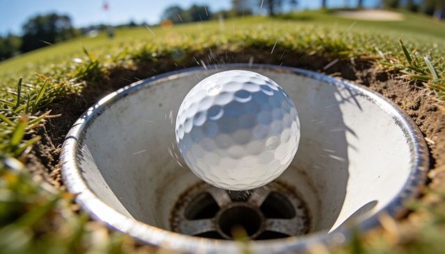 Sunlit golf ball dropping into cup with grass and dirt spraying, closeup putting green