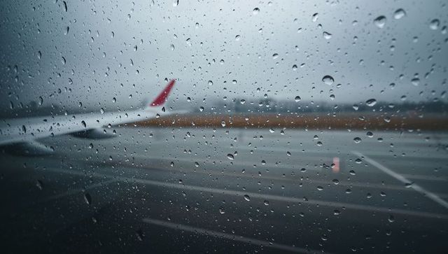 Raindrops on airplane window framing blurred red winglet and wet runway
