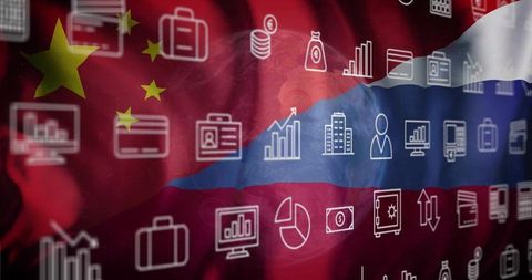China russia flags blending with finance and analytics icons overlay representing trade