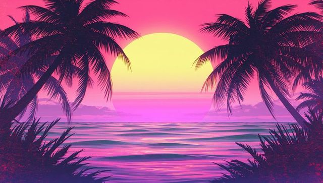 Tropical sunset with giant glowing sun and silhouetted palms over ocean