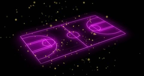 Futuristic glowing basketball court with floating golden particles
