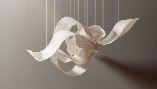 Hanging ribbon-like wooden sculpture casting soft shadow on warm gray-beige wall