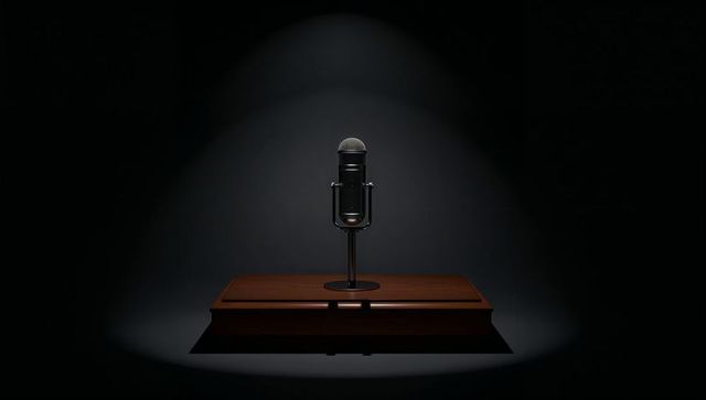 Vintage broadcast microphone standing on closed wooden case under dramatic spotlight