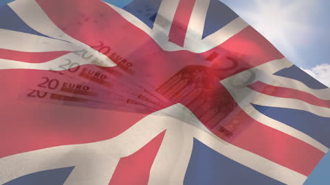 UK Flag Overlapping Euro Banknotes Symbolizing Economic Concepts