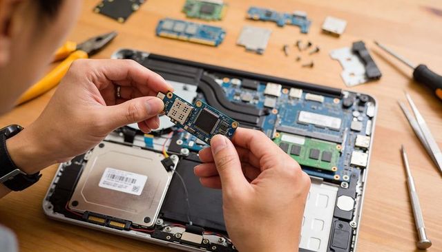 Technician installing m.2 nvme ssd module into open laptop motherboard on wooden workbench