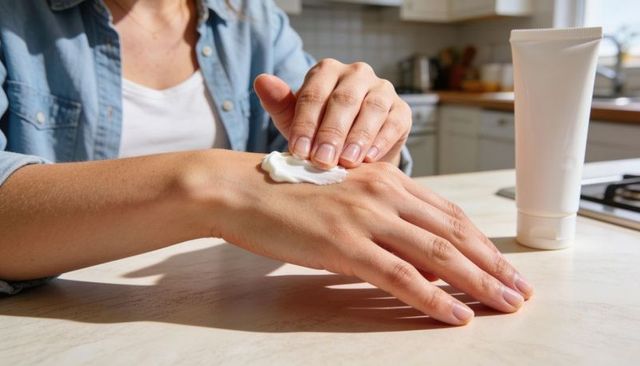 Woman applying moisturizing cream on hand at kitchen counter for daily skincare routine
