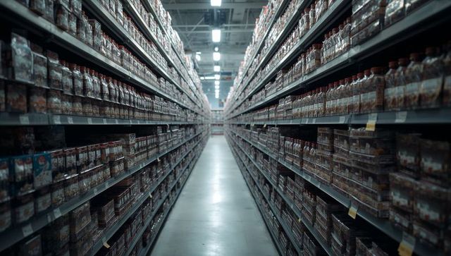Empty warehouse aisle showing symmetrical shelving, receding corridor, rows of red-lid jars